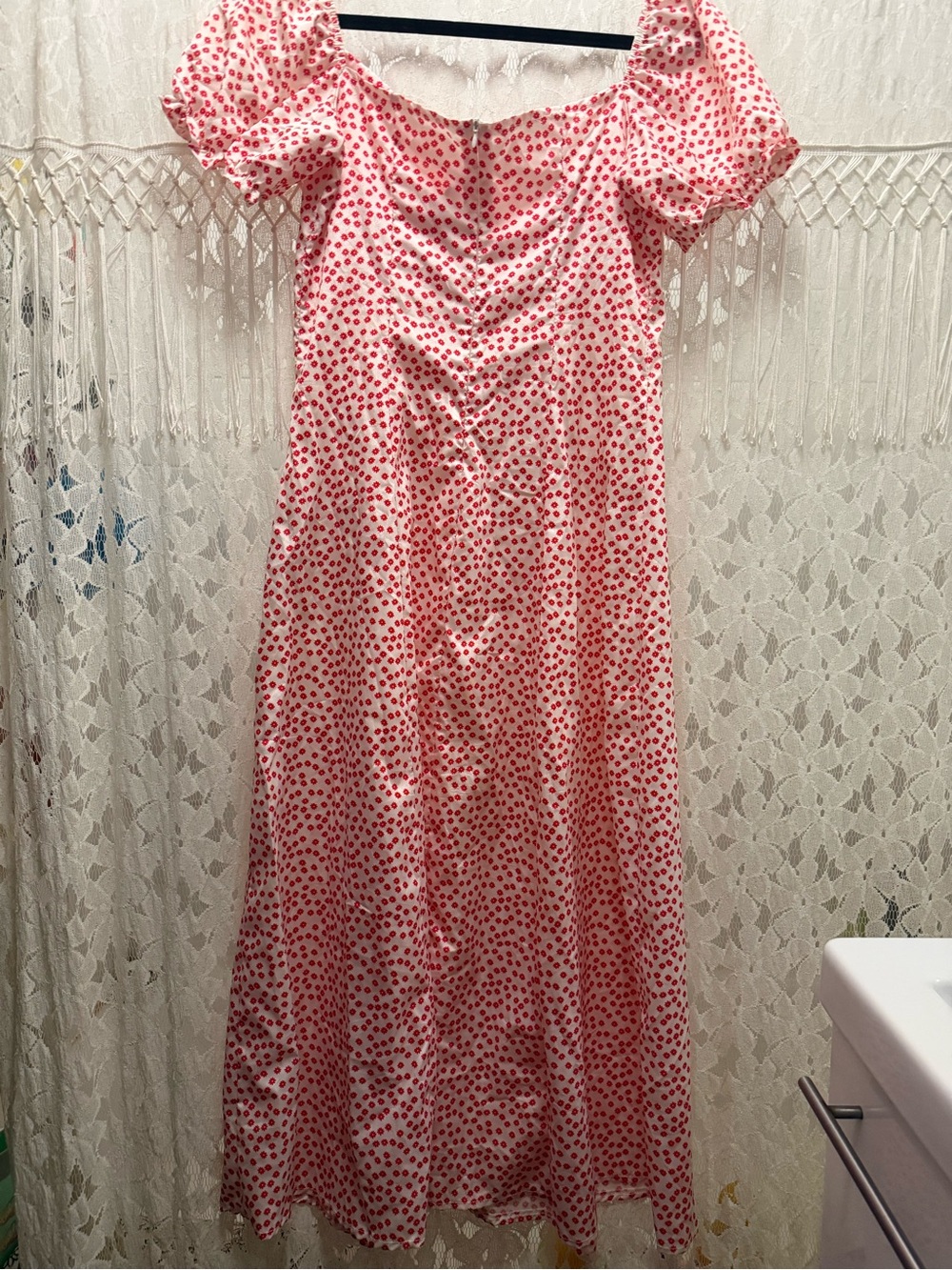White and Red Polka Dot Puff Sleeve Midi Dress